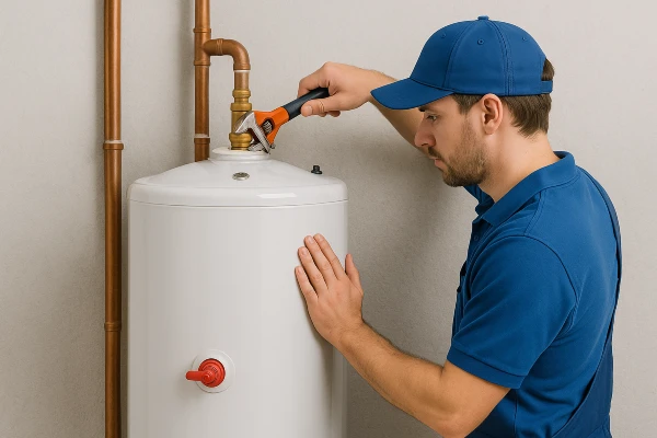 a male plumber installing a garbage disposal