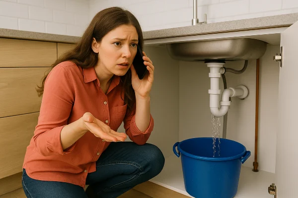 a woman on the phone about a water leak underneath her kitchen sink a woman on the phone about a water leak underneath her kitchen sink