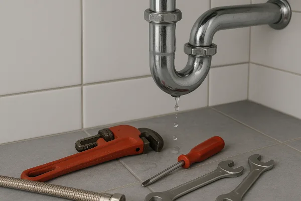 a sink water leak and plumbing tools on the floor a sink water leak and plumbing tools on the floor